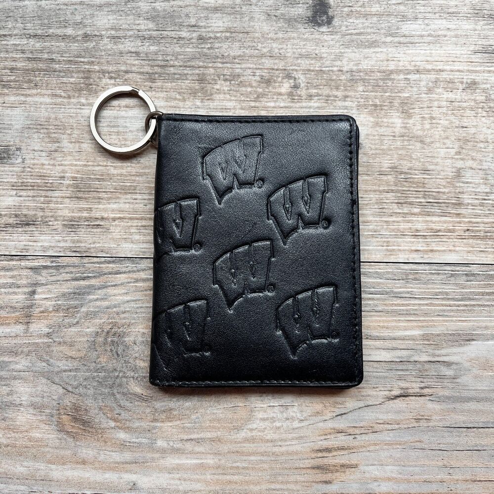 UW Madison Leather Wallet Black Embossed Badgers Keychain Wallet Minimalist